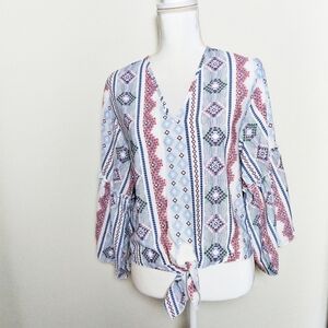 Lavender Field Tie Front Tribal Print Blouse Small